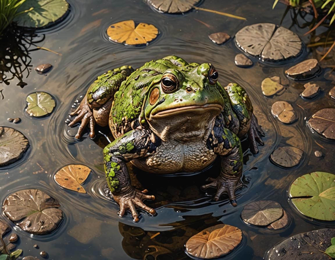 Toad Leaps from Rock into Pond: Hyperrealistic Illustration