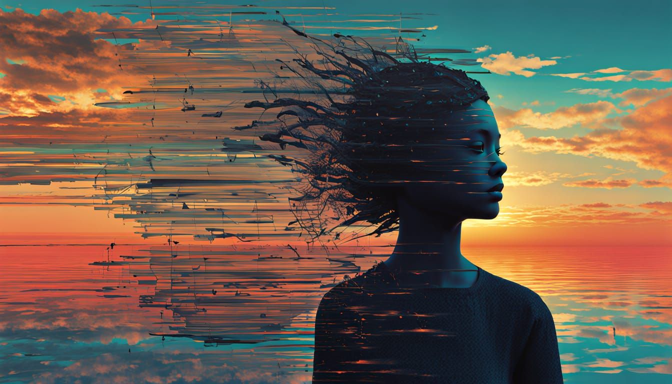Woman by Water in Glitch Art Style