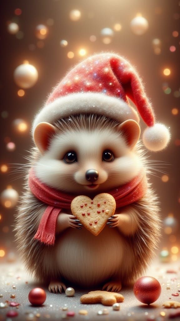 Cute Hedgehog in Santa Hat Eating Cookie - Storybook Style