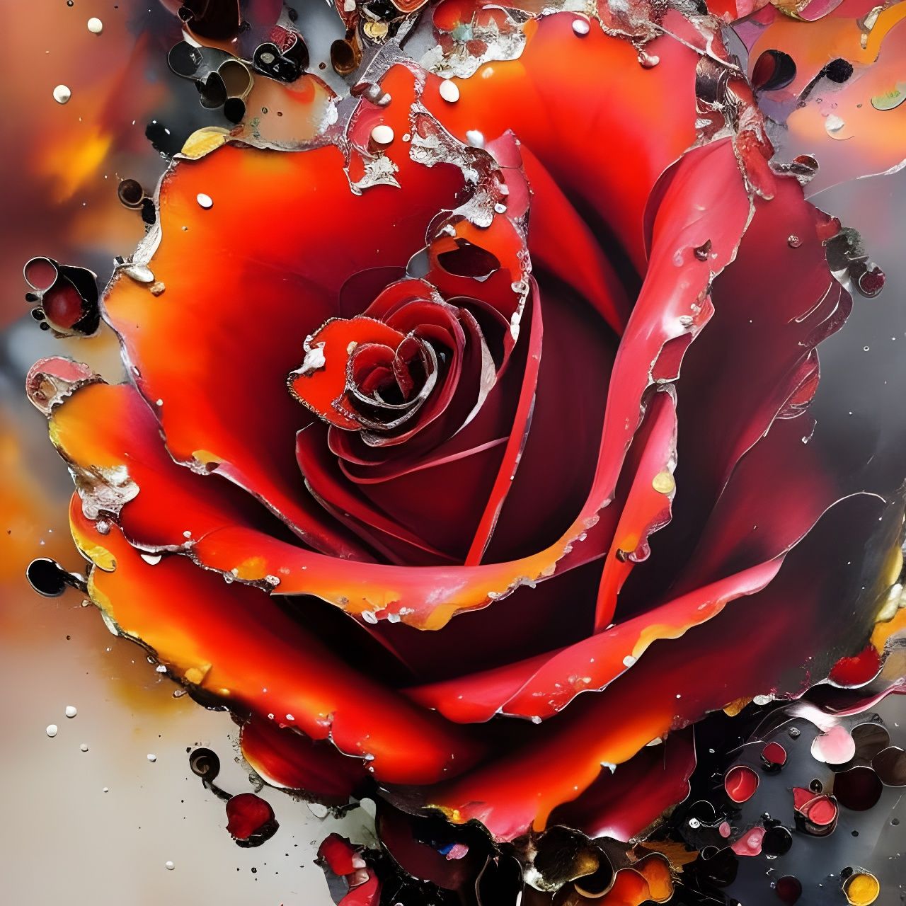 Detailed Fire Rose with Marbling and Oil Effects