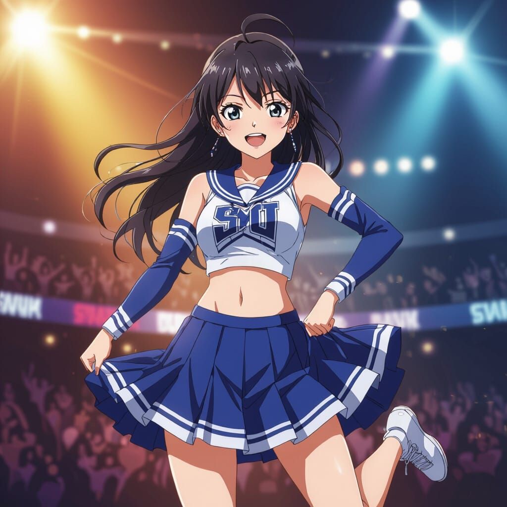 Anime Cheerleader Strikes Dynamic Pose in Vibrant Stage Ligh...