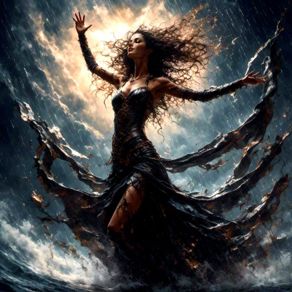 Enchantress Welcoming Rain in Dark Fantasy Style