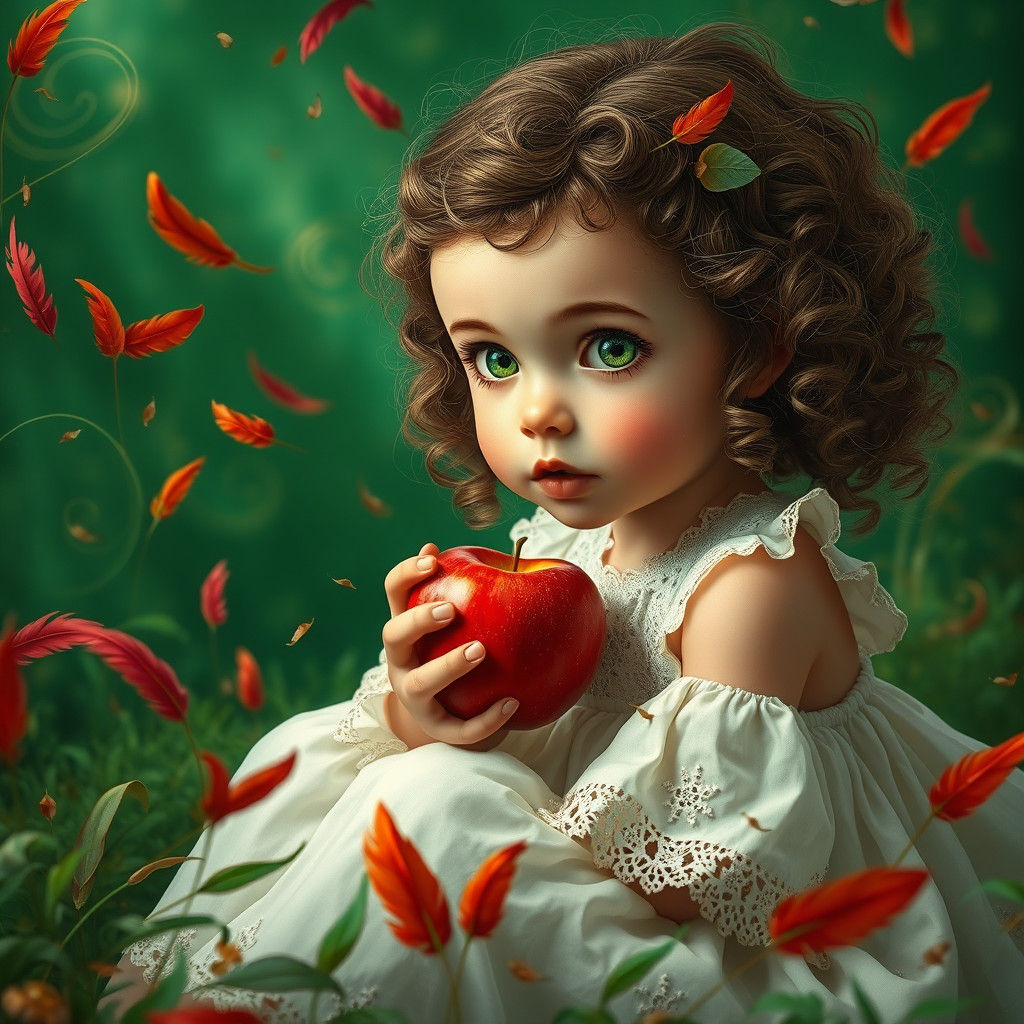 Girl with Apple in Dreamlike Fantasy Landscape