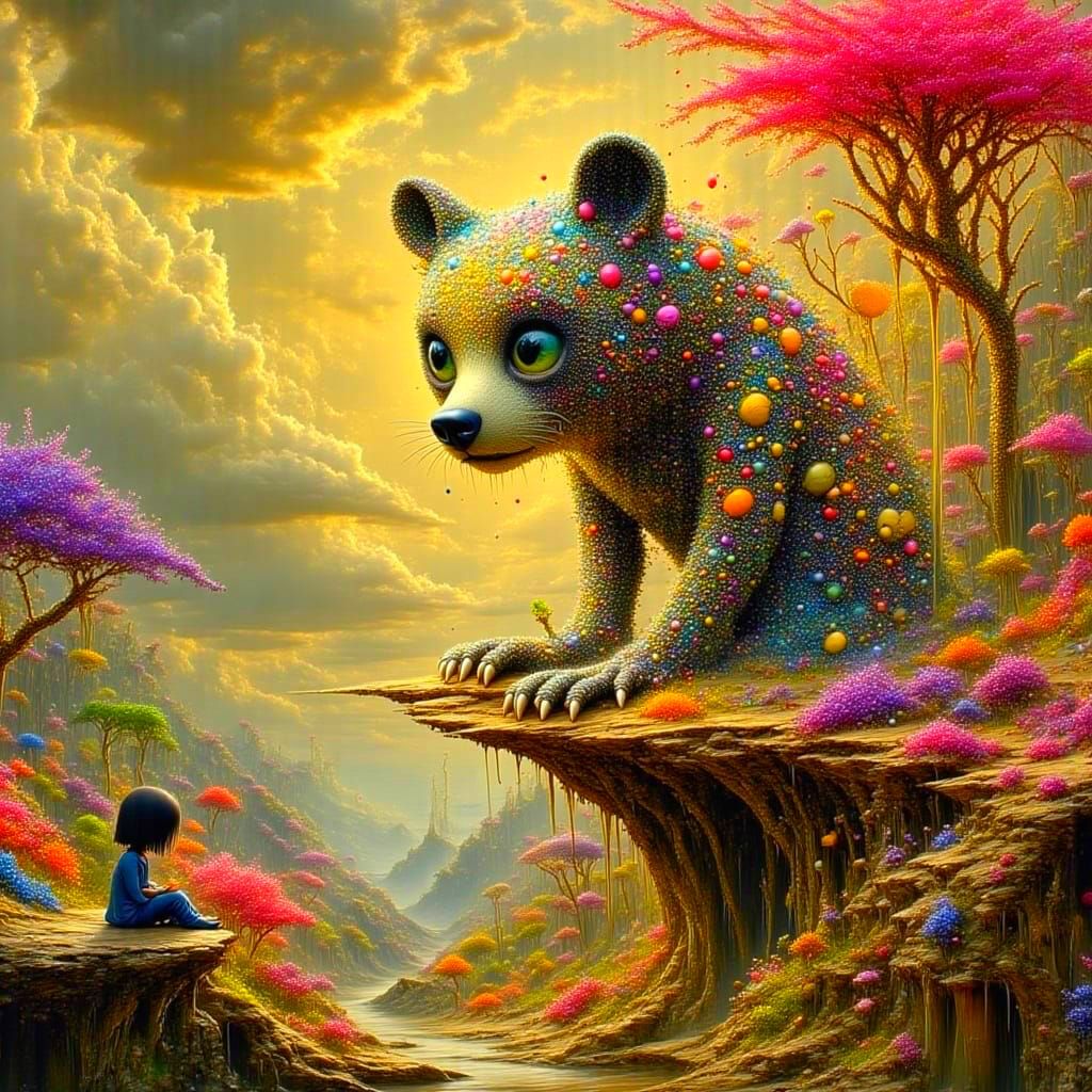 Whimsical Iridescent Bear Cub Ascends Majestic Mountain