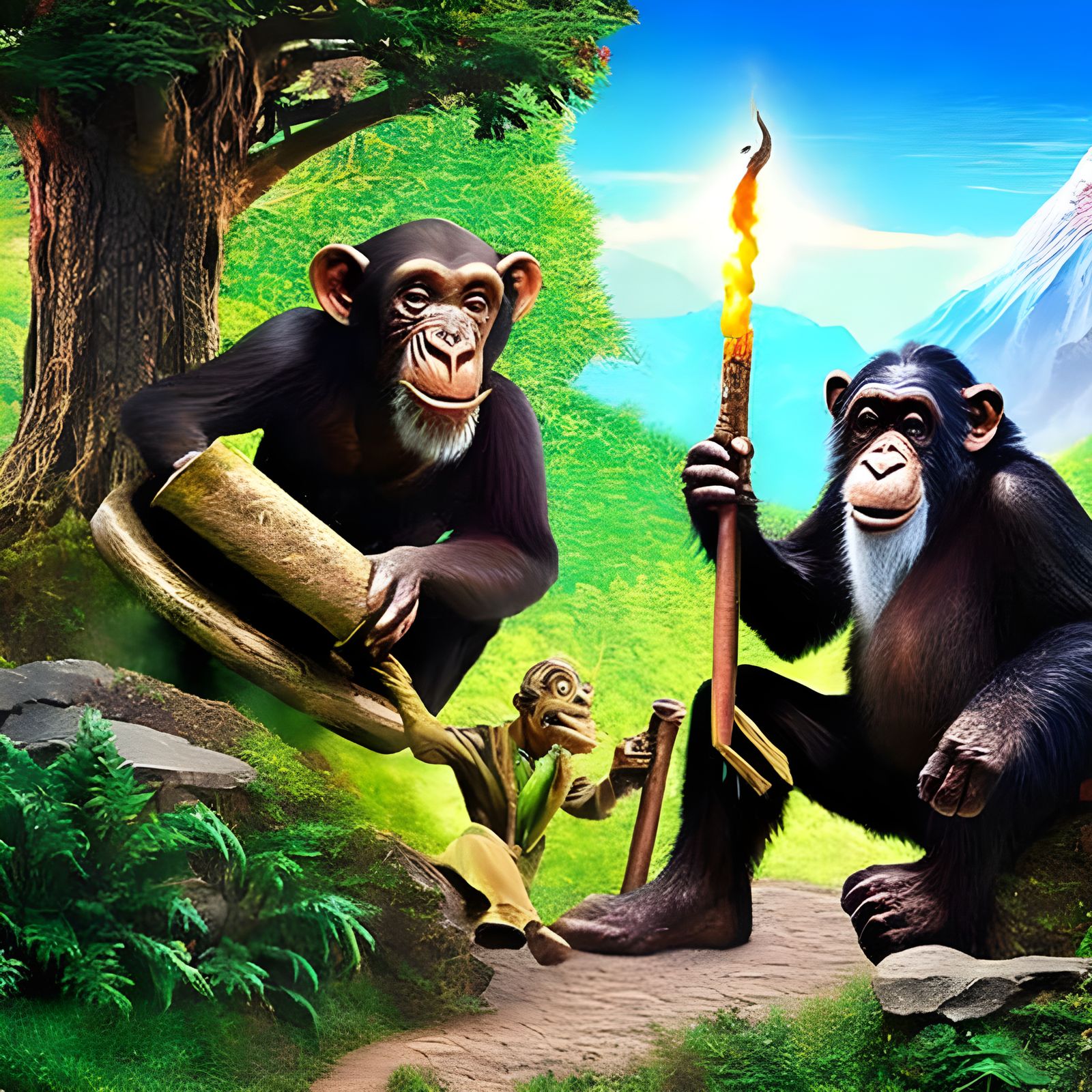 Chimpanzee Hobbit and Wizard in Fantasy Wonderland