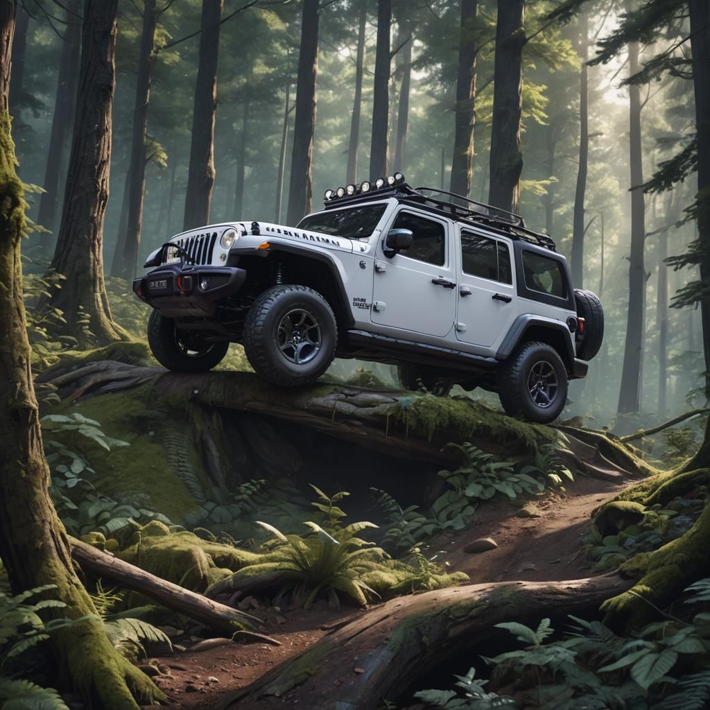 White and Purple Jeep in Woods, Matte Painting