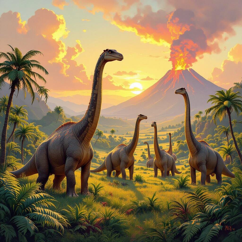 Brachiosaurus in Prehistoric Valley with Erupting Volcano