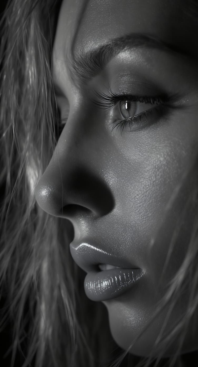 Dramatic Black and White Portrait of Woman in Profile