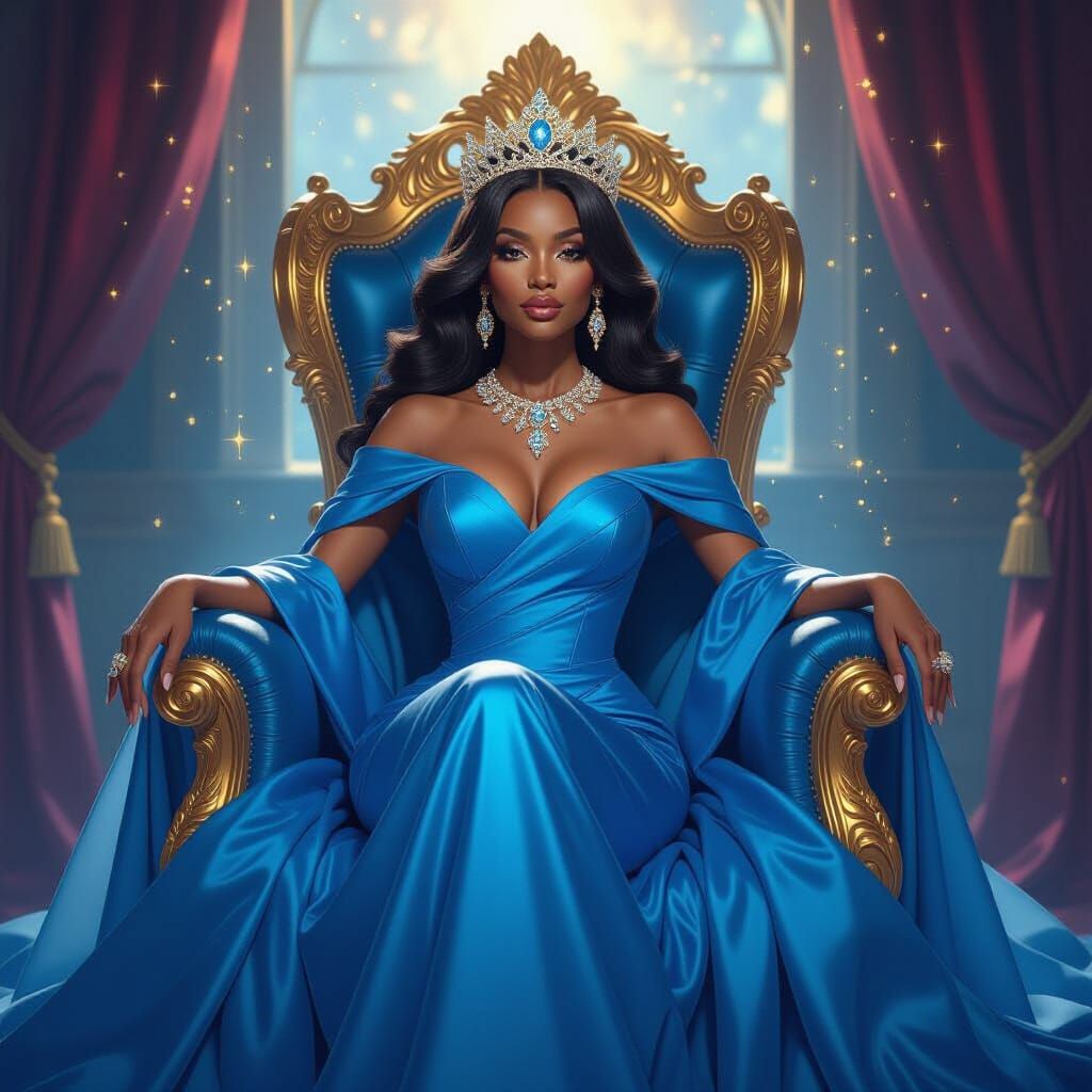 Stunning Black Queen in Blue Gown on Golden Throne
