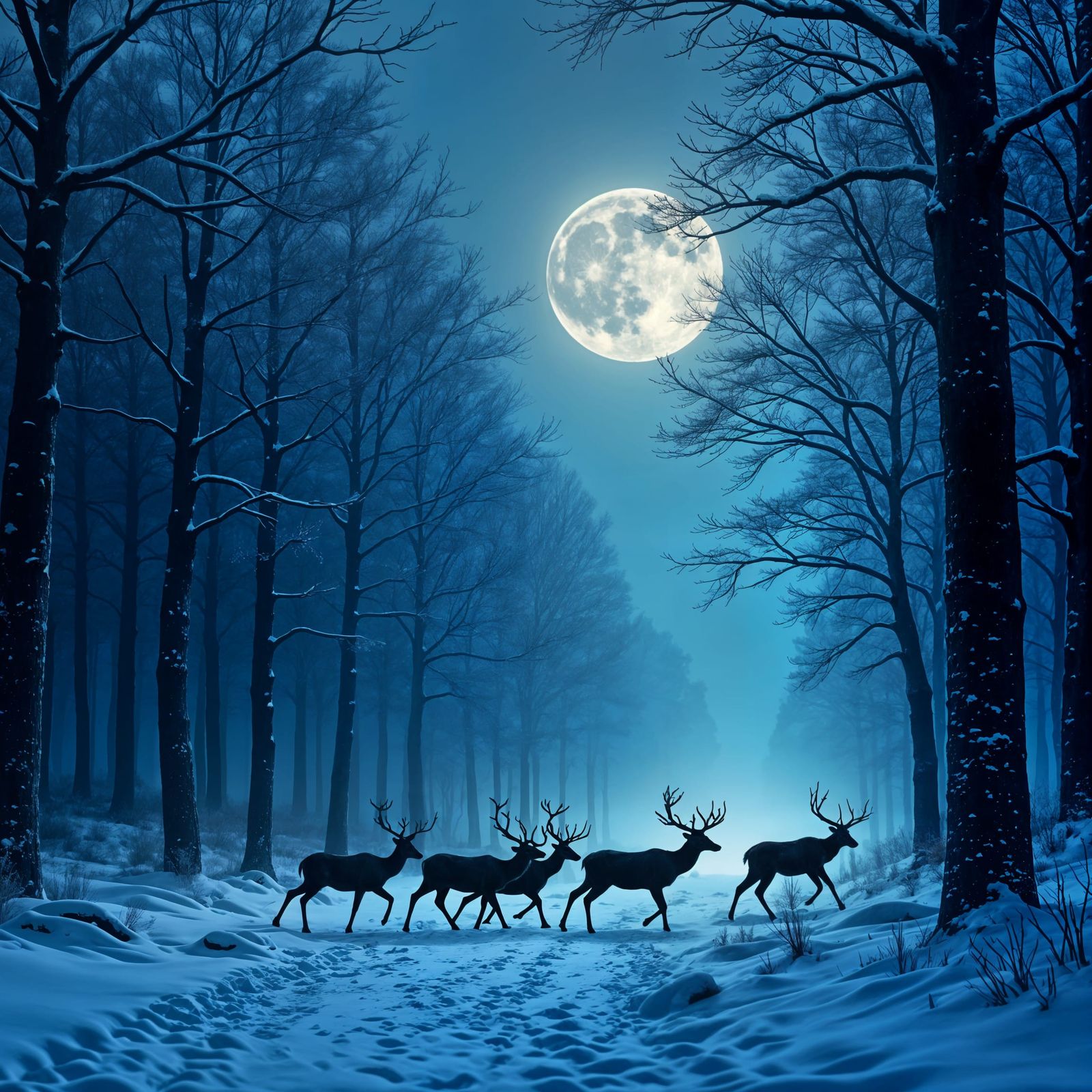 Moonlit Deer Run in Indigo Winter Forest