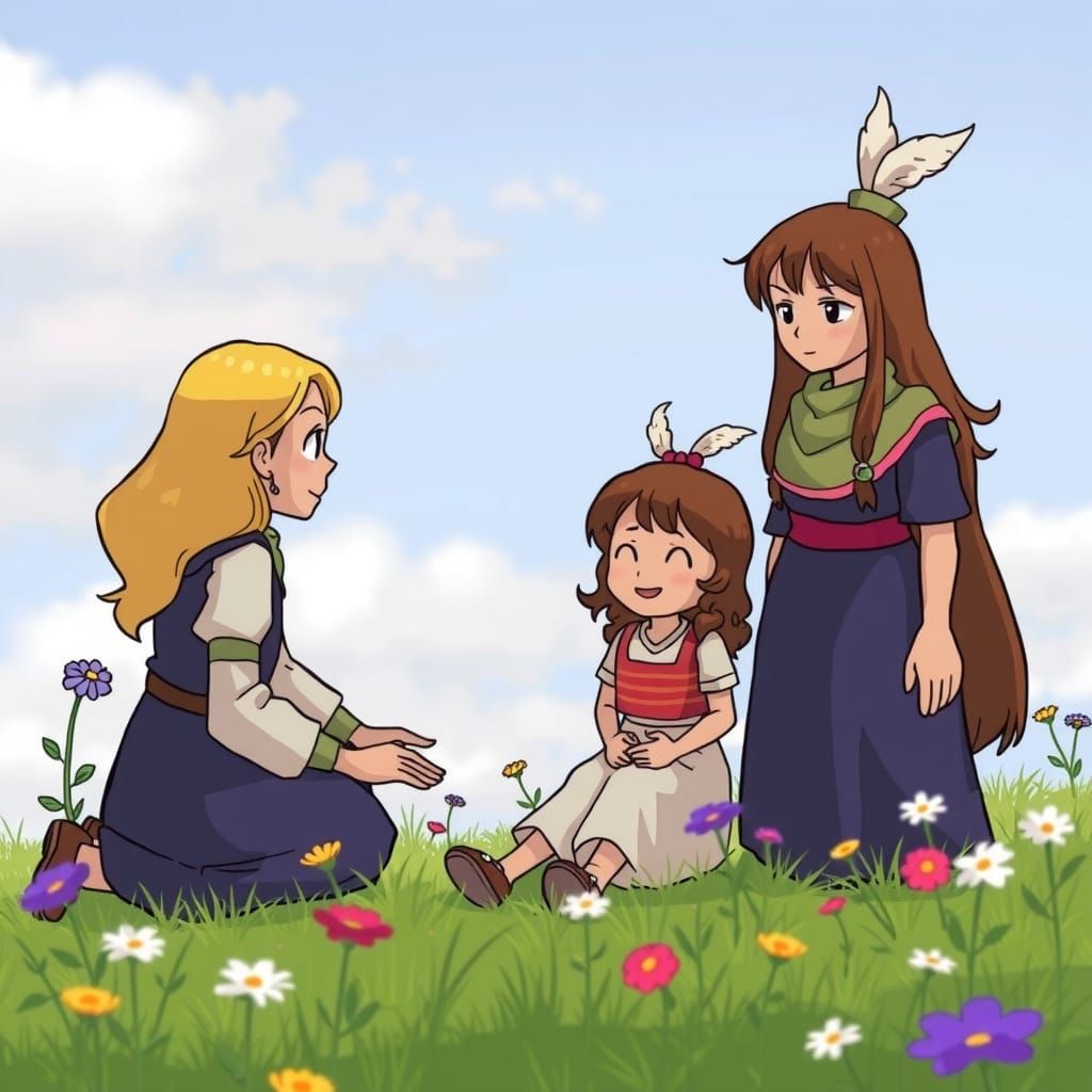 Dreamlike Scene of Three Figures in a Mystical Space