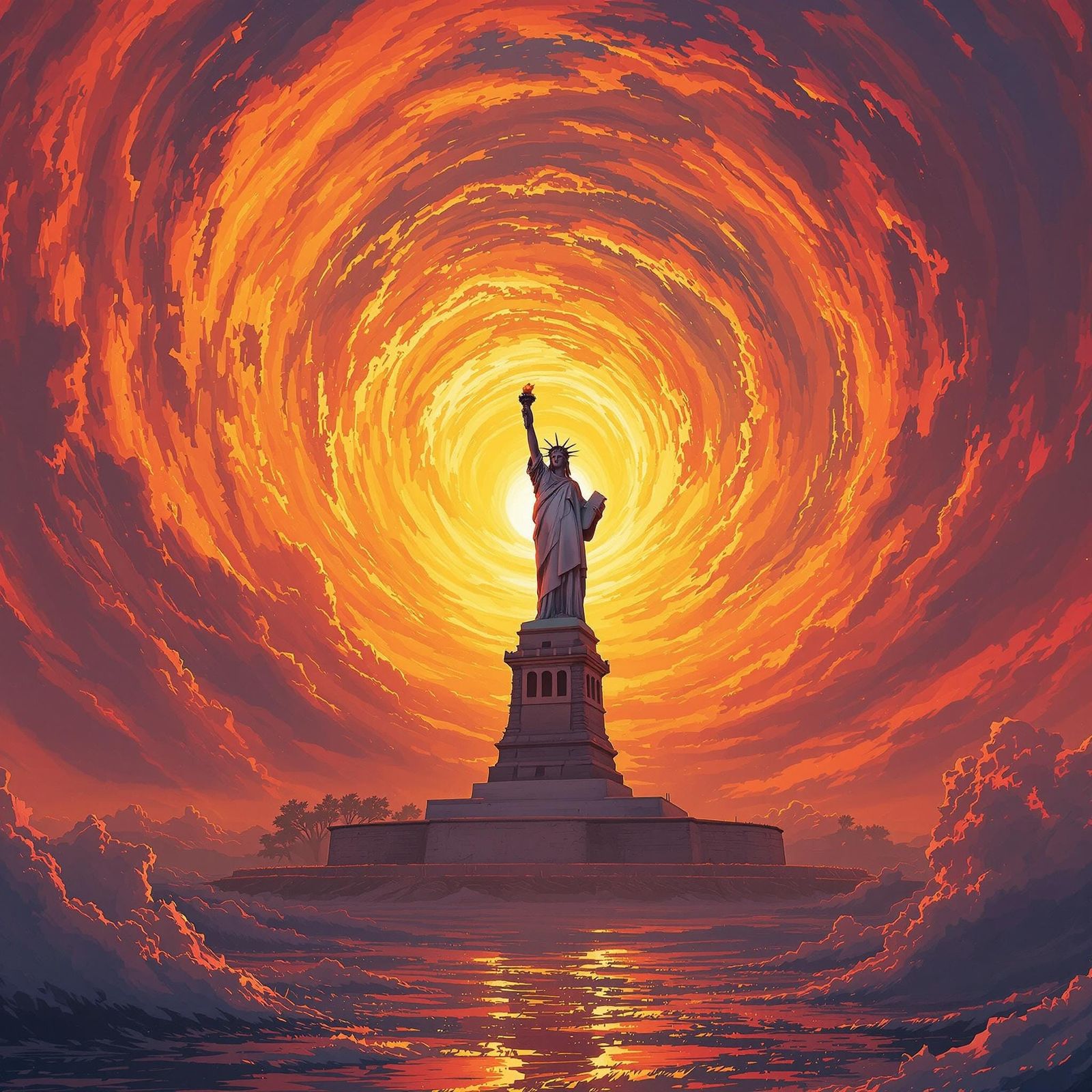 Surreal Sunset Statue of Liberty Scene in Hyper-Realistic Di...