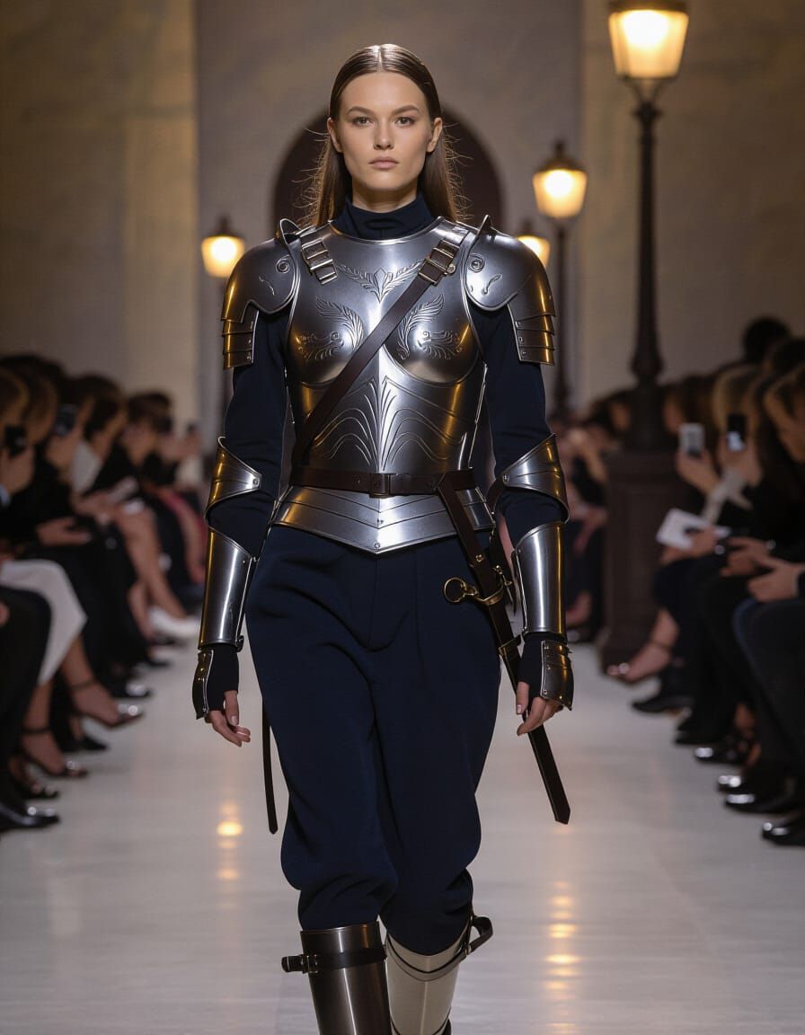 Full body shot, modeling pose. Imagine a breastplate of brus...