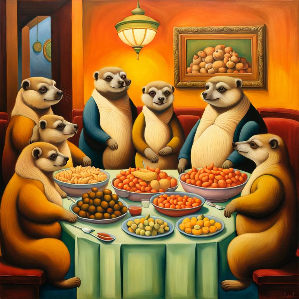 Voluminous Meerkats Feast in Botero Style