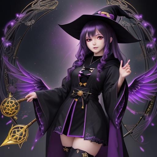Kawaii Anime Neko Witch with Black Wings