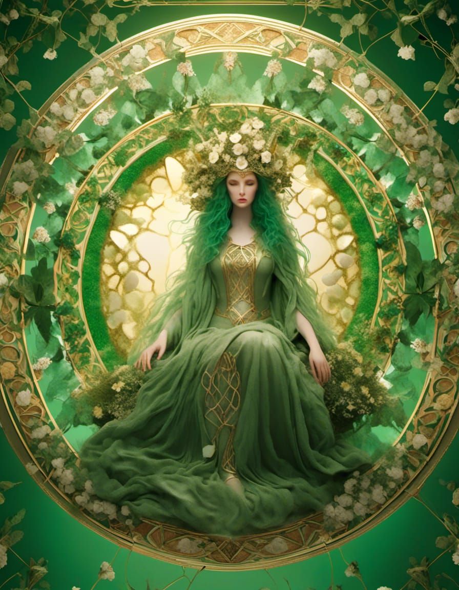Celtic Easter Goddess Roundel in Green and Gold