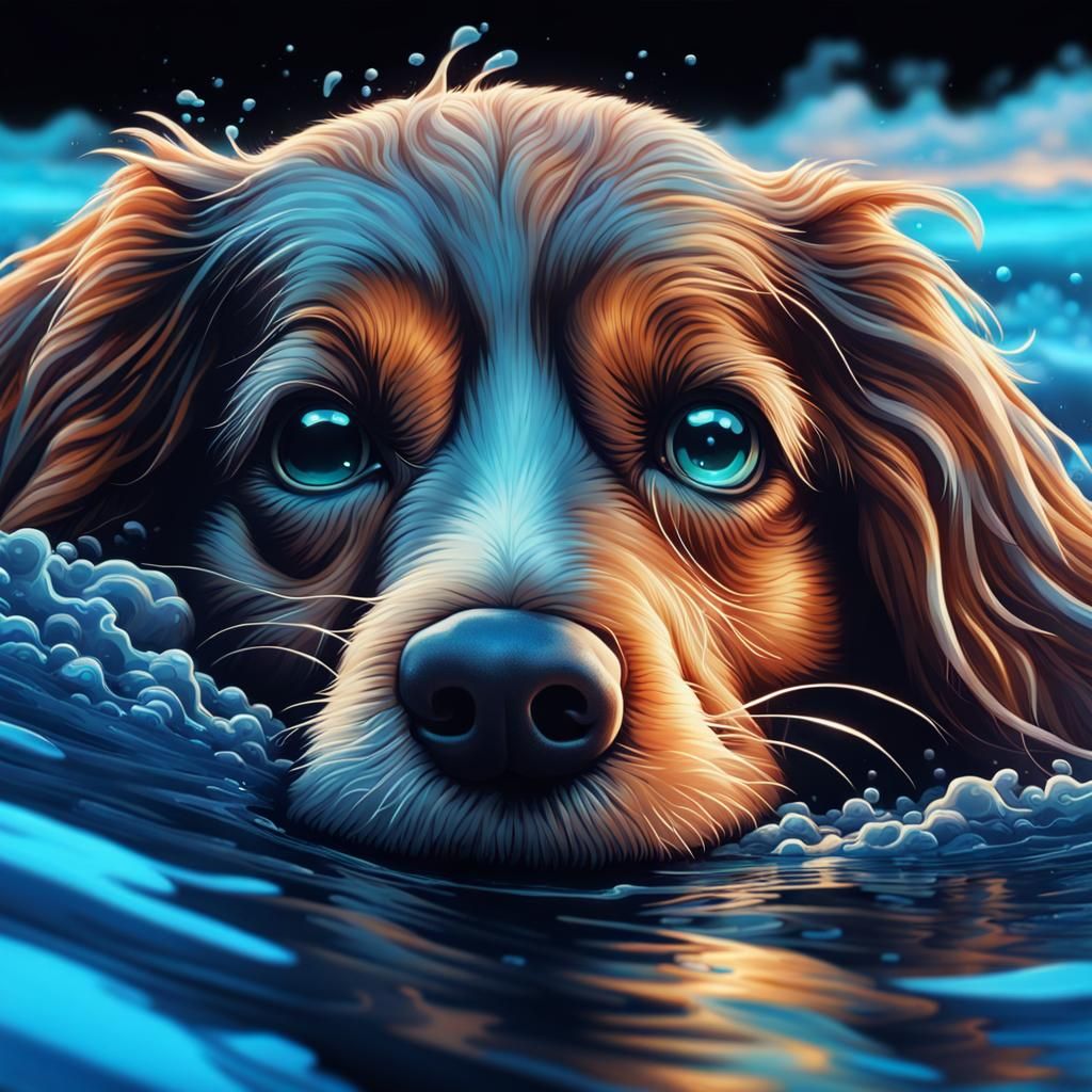 Dog Surfing Bioluminescent Wave in Graffiti Art Style