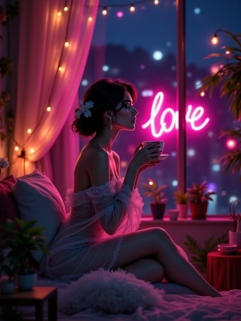 A Woman in Nightgown Drinks Tea by Glow of Distant Neon Sign...
