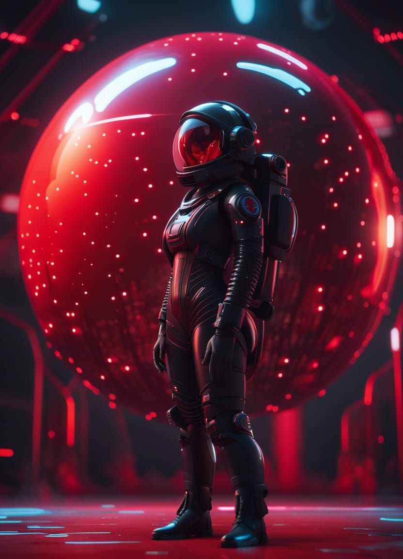 Brunette in Spacesuit Before Red Bioluminescent Sphere