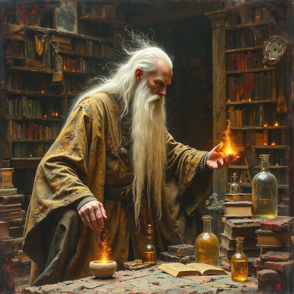 Old Wizard in Dark Oil Paint Style Laboratory