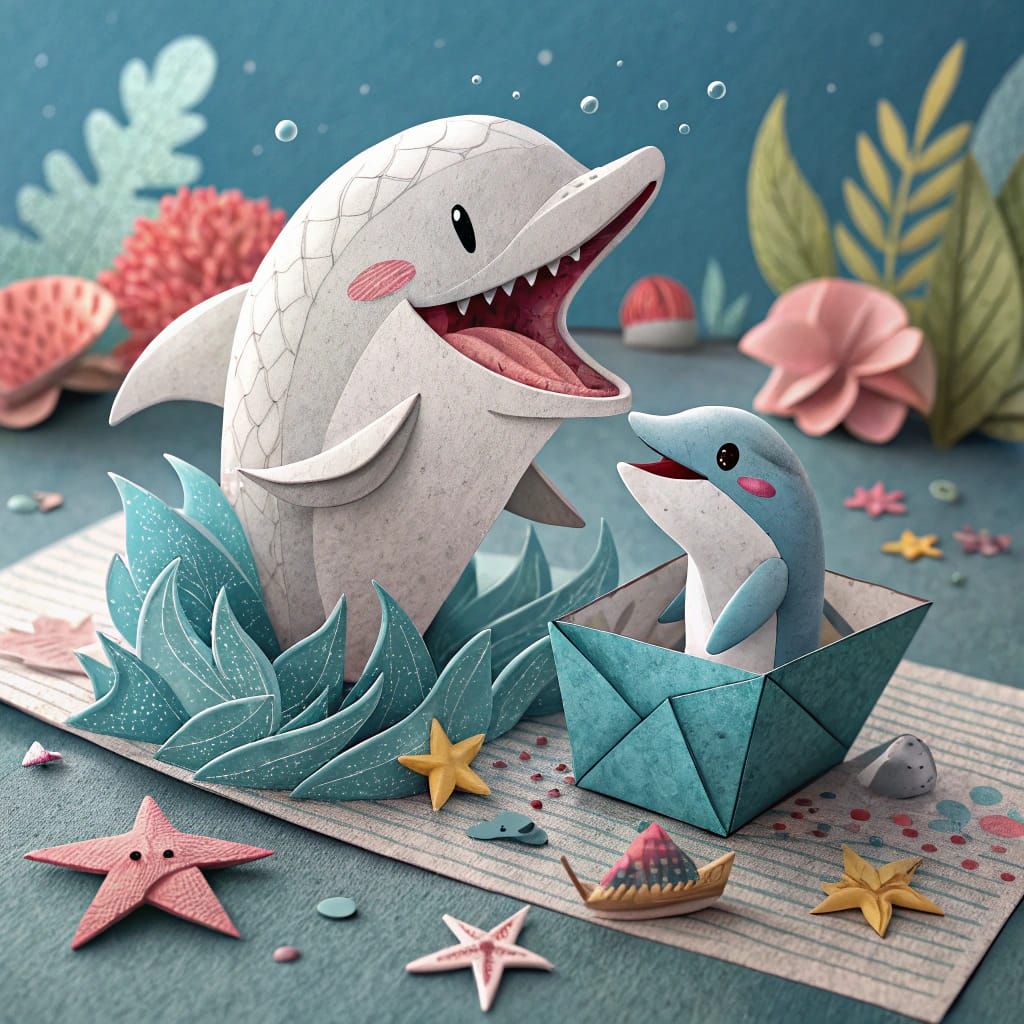 Joyful Dolphin and Shark Origami Papercraft Scene