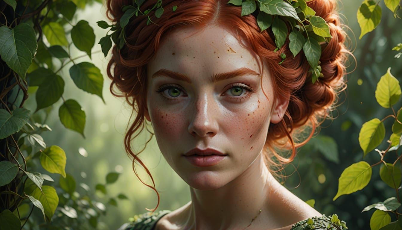 Ethereal Redhead Portrait with Green Leaf Adornments