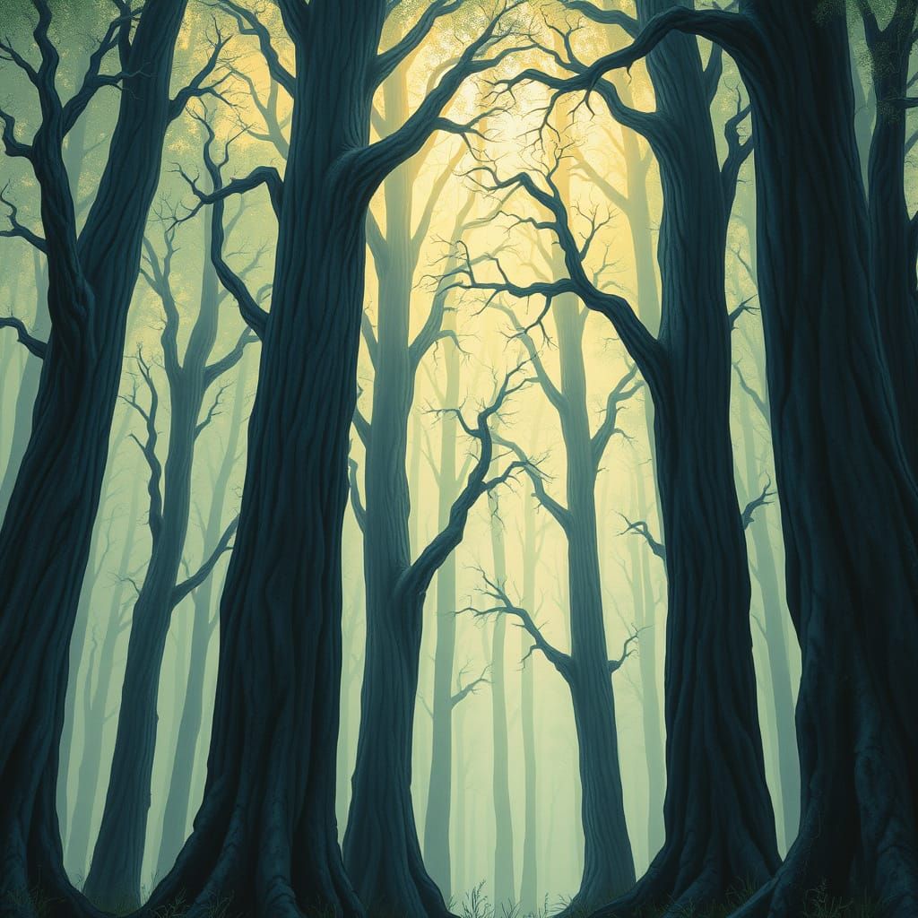 Mystical Forest Landscapes in Dark Blue and Pale Green