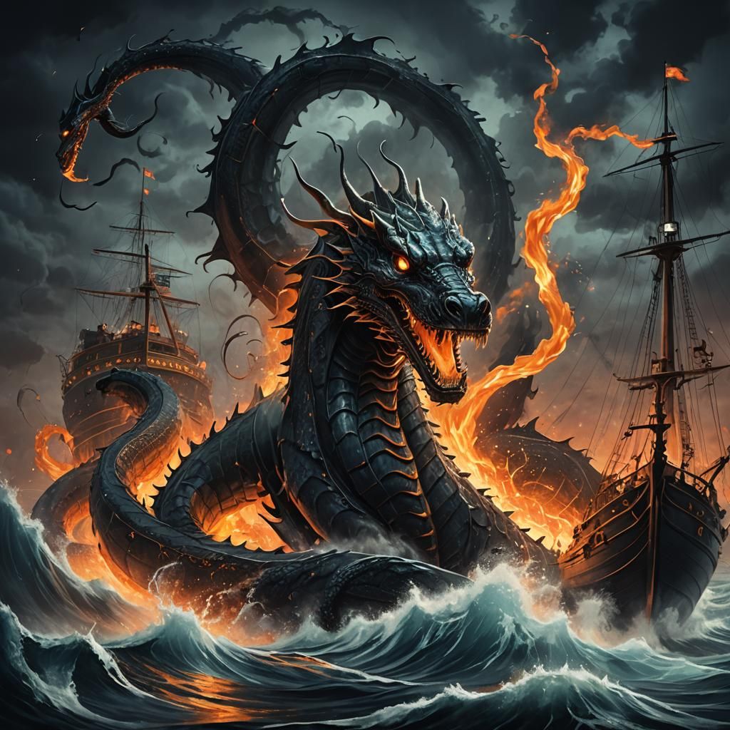 Sea Serpent's Night Attack: A Dark Fantasy Illustration