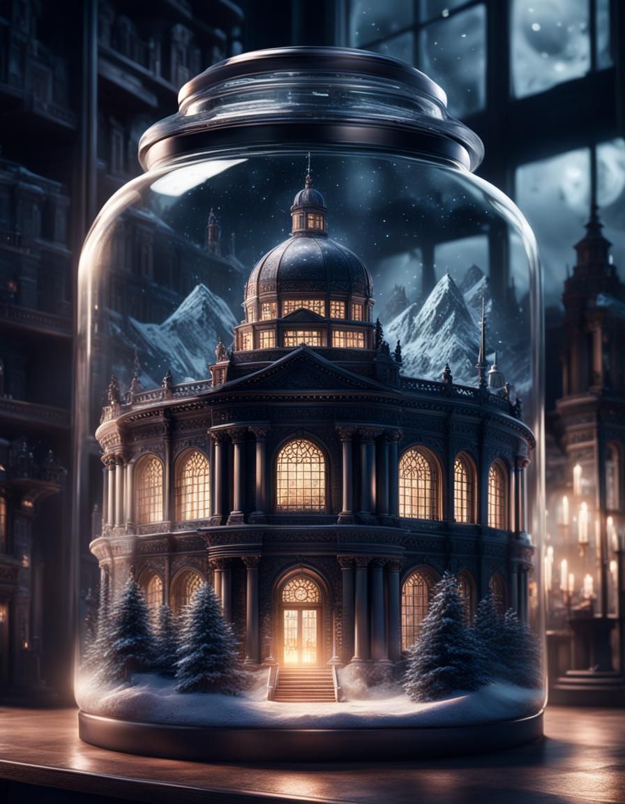 University in Glass Jar at Midnight