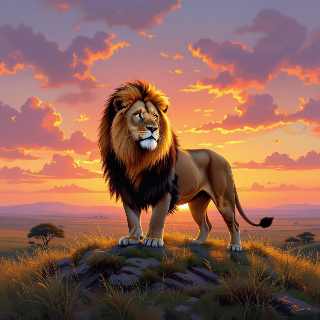 Lion on Savanna at Sunset: Oil Painting
