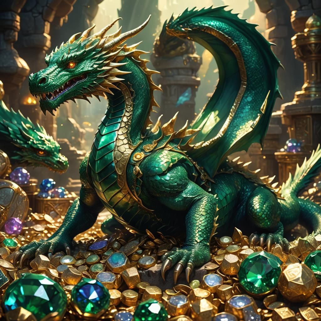 Emerald Dragon on Treasure Hoard in Mythic Fantasy Art