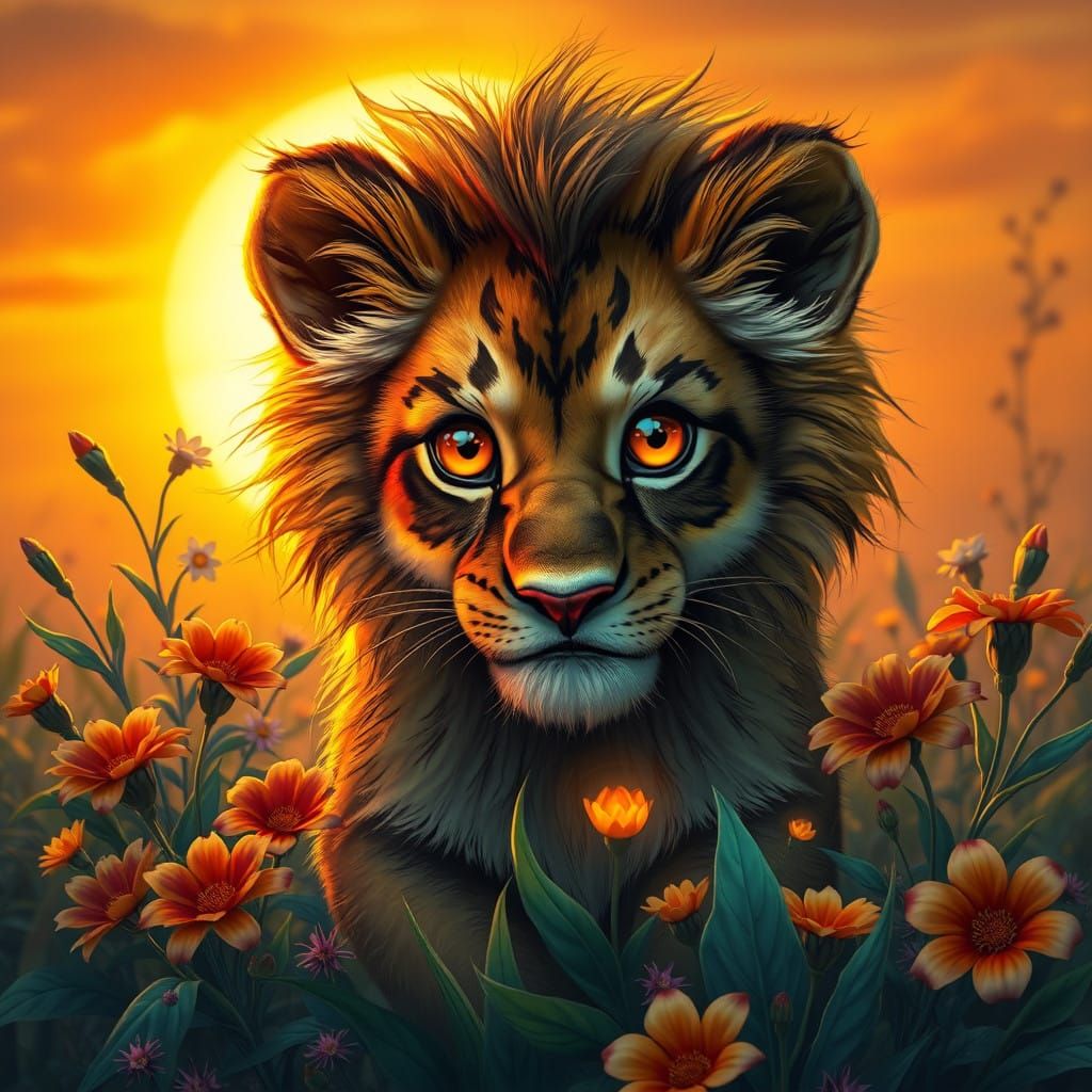 Majestic Lion Cub in Vibrant Sunset Scene