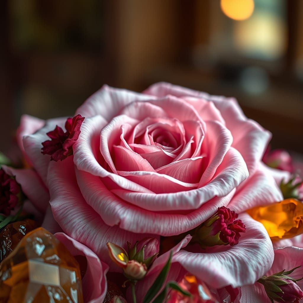 Velvety Rose Petal Arrangement with Raspberry Accents and Am...