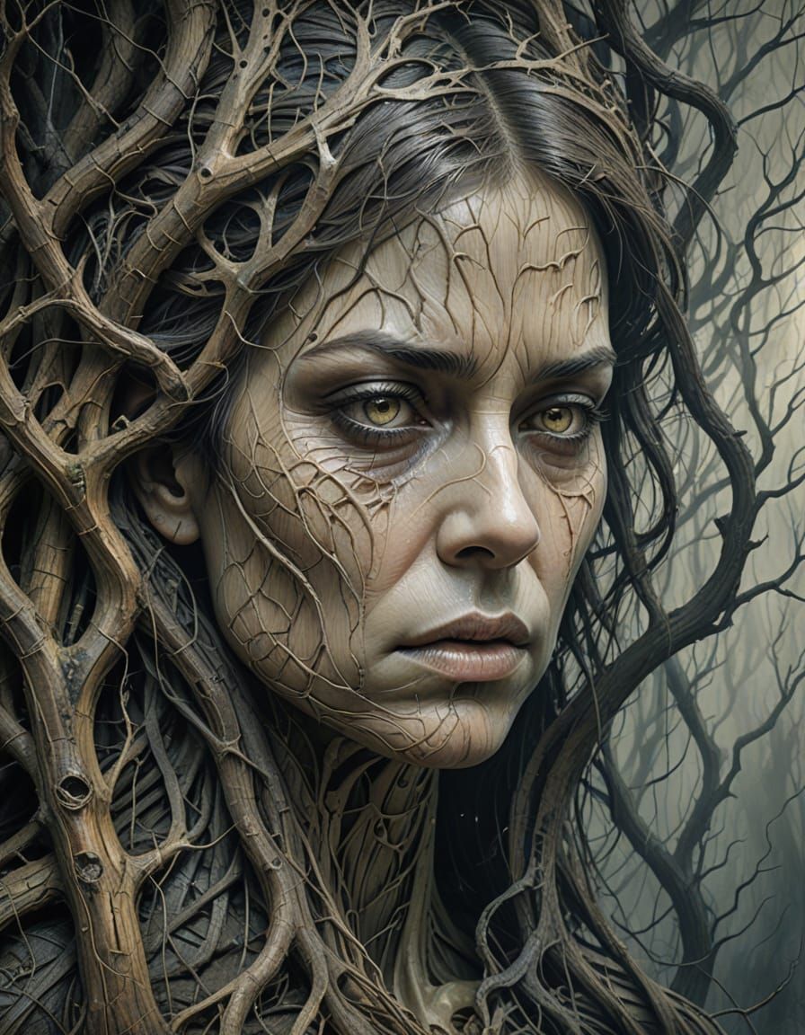 Surreal Portrait of Woman Trapped in Wood Fibers