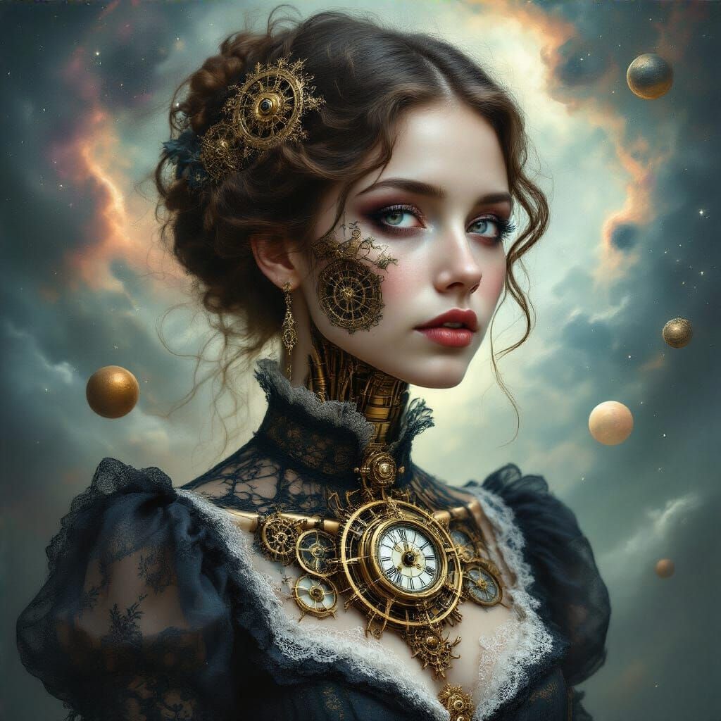 Steampunk Woman Portrait with Clockwork and Nebulae