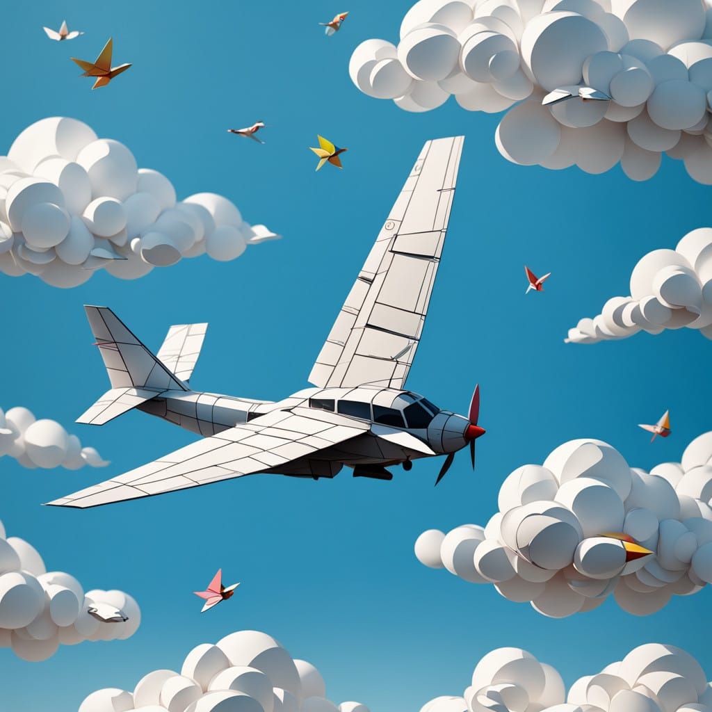 Surreal Origami Airplane Soars Through Serene Sky