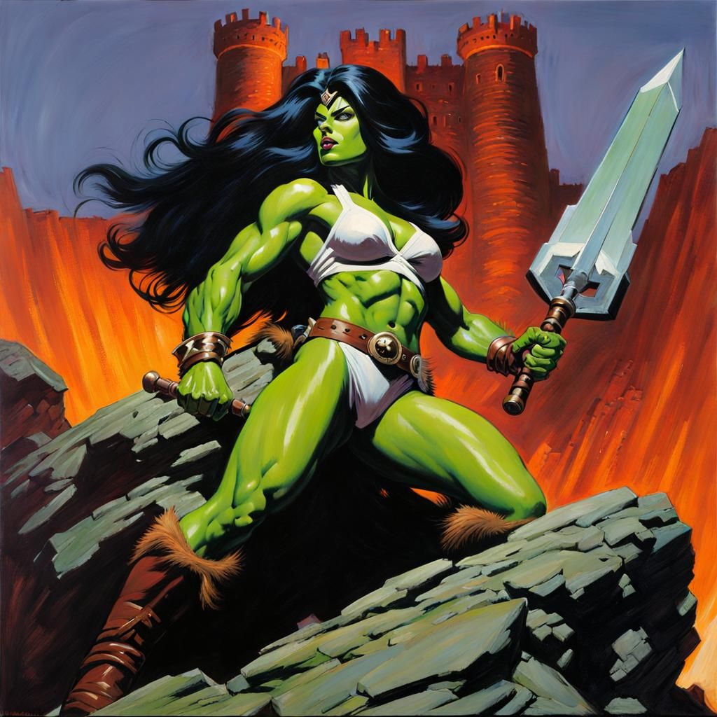 Barbarian She-Hulk Conquers Castle Doom in Oil