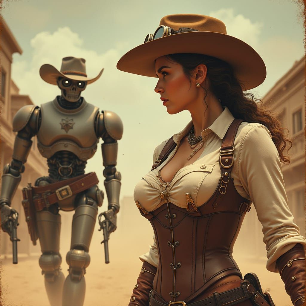Steampunk Cowgirl vs Robot Sheriff Western Poster