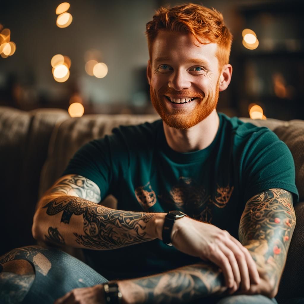 Smiling Ginger Man with Fire Tattoos on Sofa