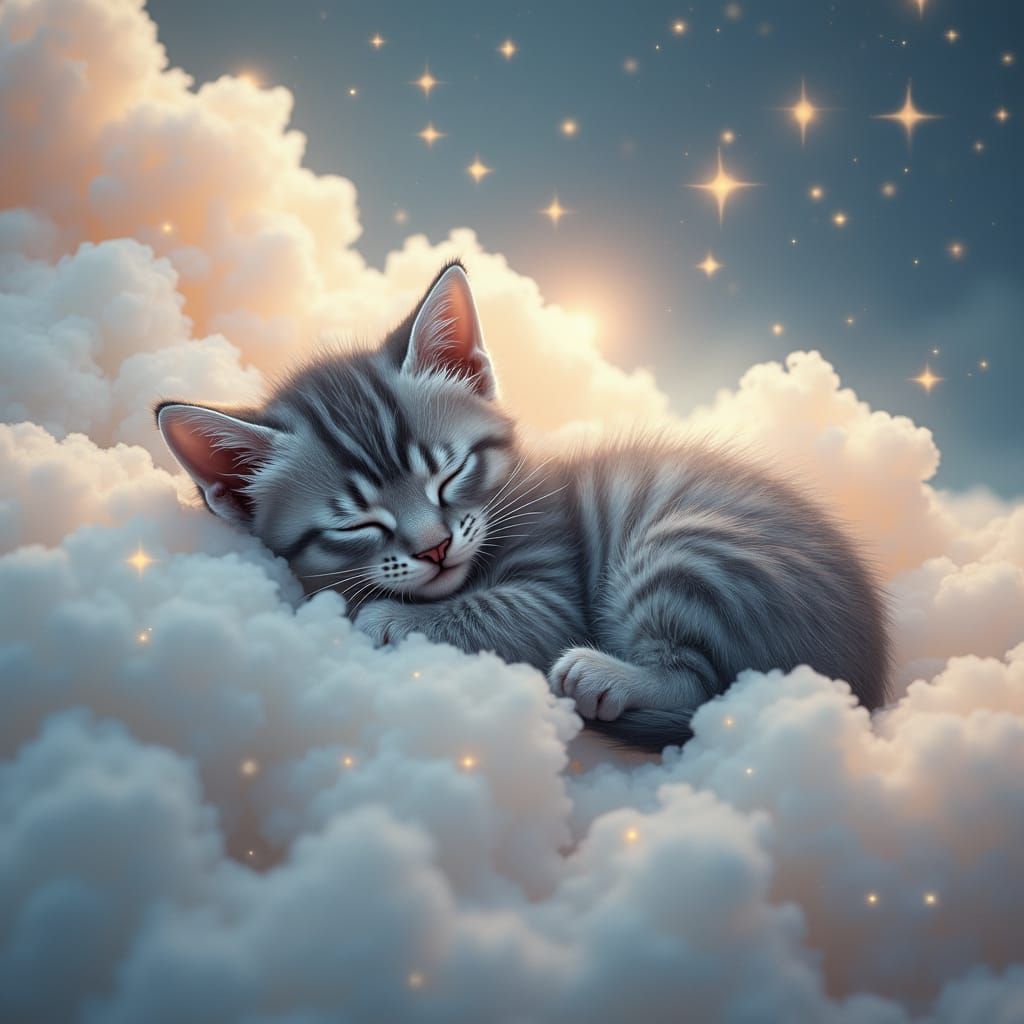 Gray Kitten in Dreamy Cloud Starscape