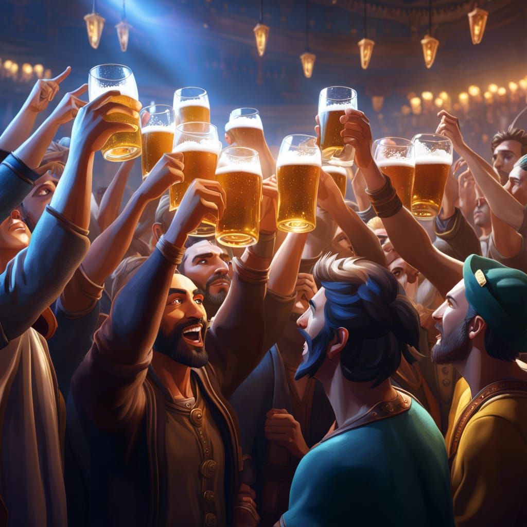 Cheerful Crowd Celebrates with Beer in Hyperdetailed Art