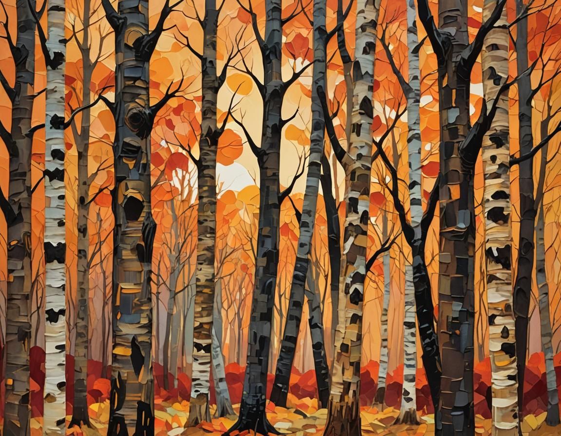 Impressionist Paper Collage of Autumn Forest at Sunset