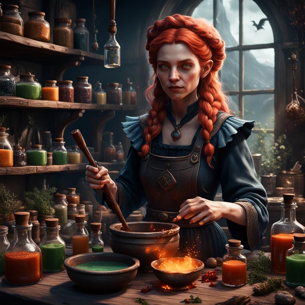 Red-Haired Kitchen Witch Brewing Potions