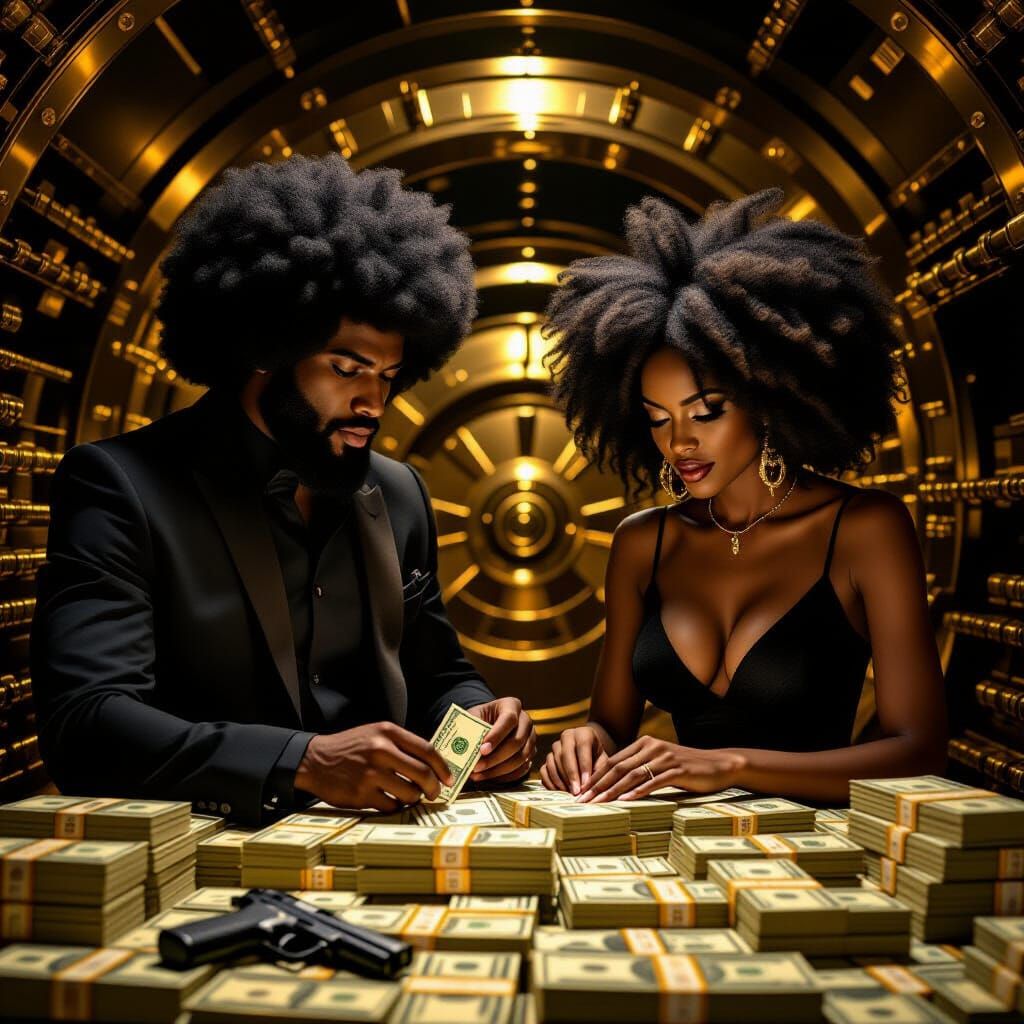 Couple Counting Cash in Opulent Bank Vault in Photorealistic...