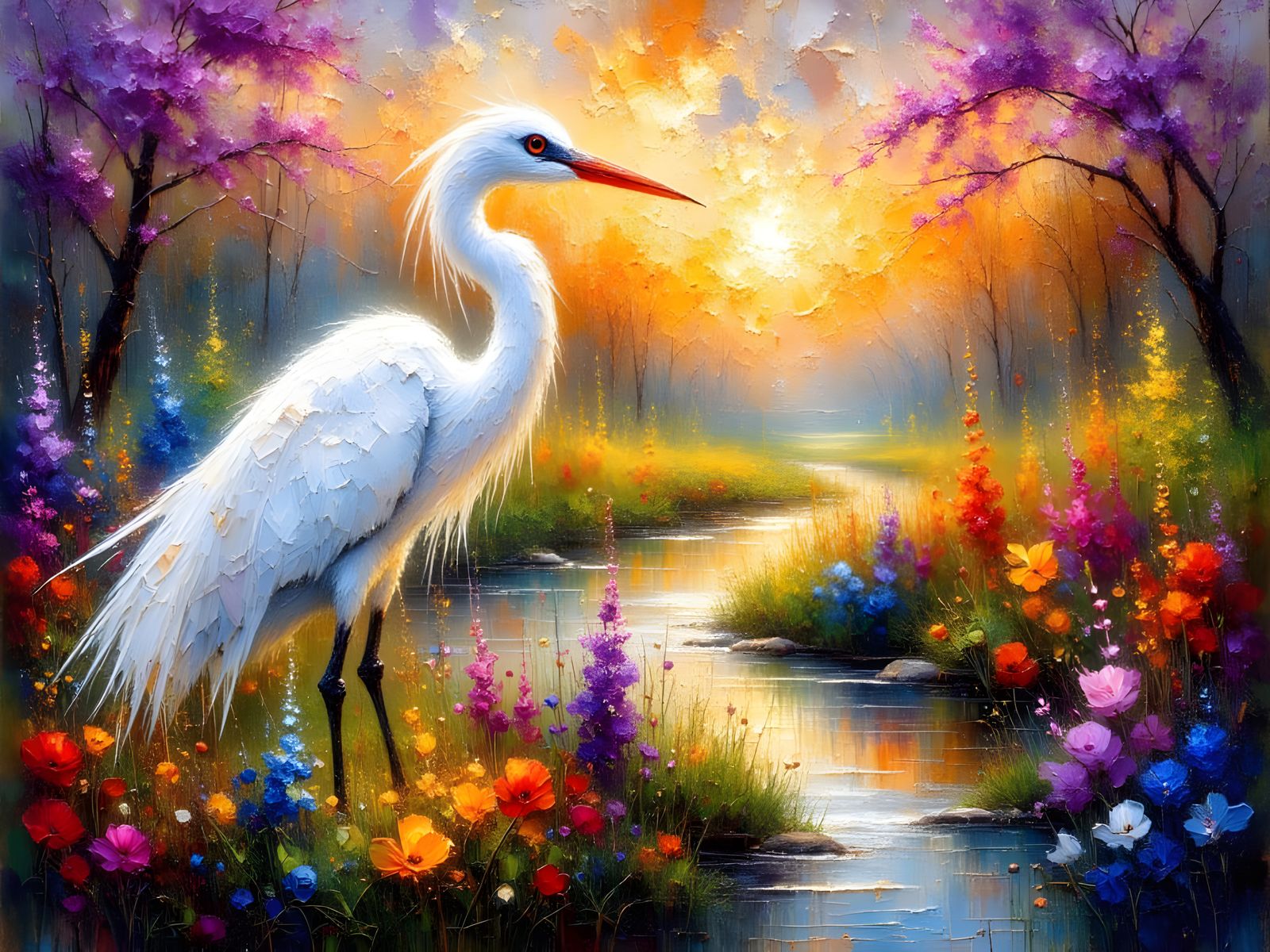 Ethereal Egret in Fairy Spring Landscape