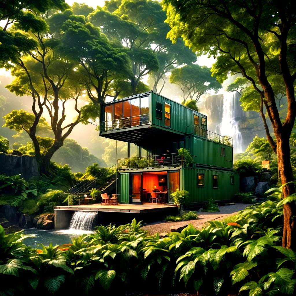 Hyperrealistic Shipping Container Home with Waterfall View