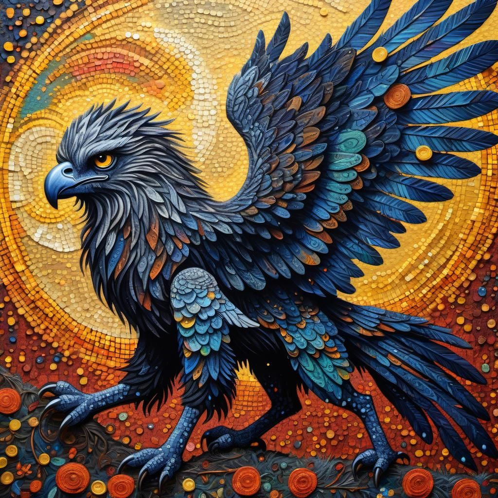 Nocturnal Griffin Hunt in Pointillist Patchwork Style