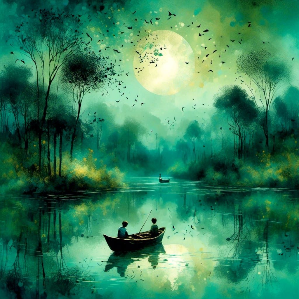Moonlit Lake: Boys Fishing in Art Brut Style