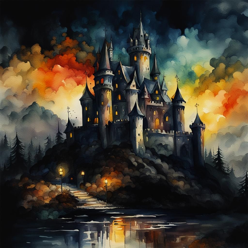 Eerie Looming Castle in Dark Watercolor Painting