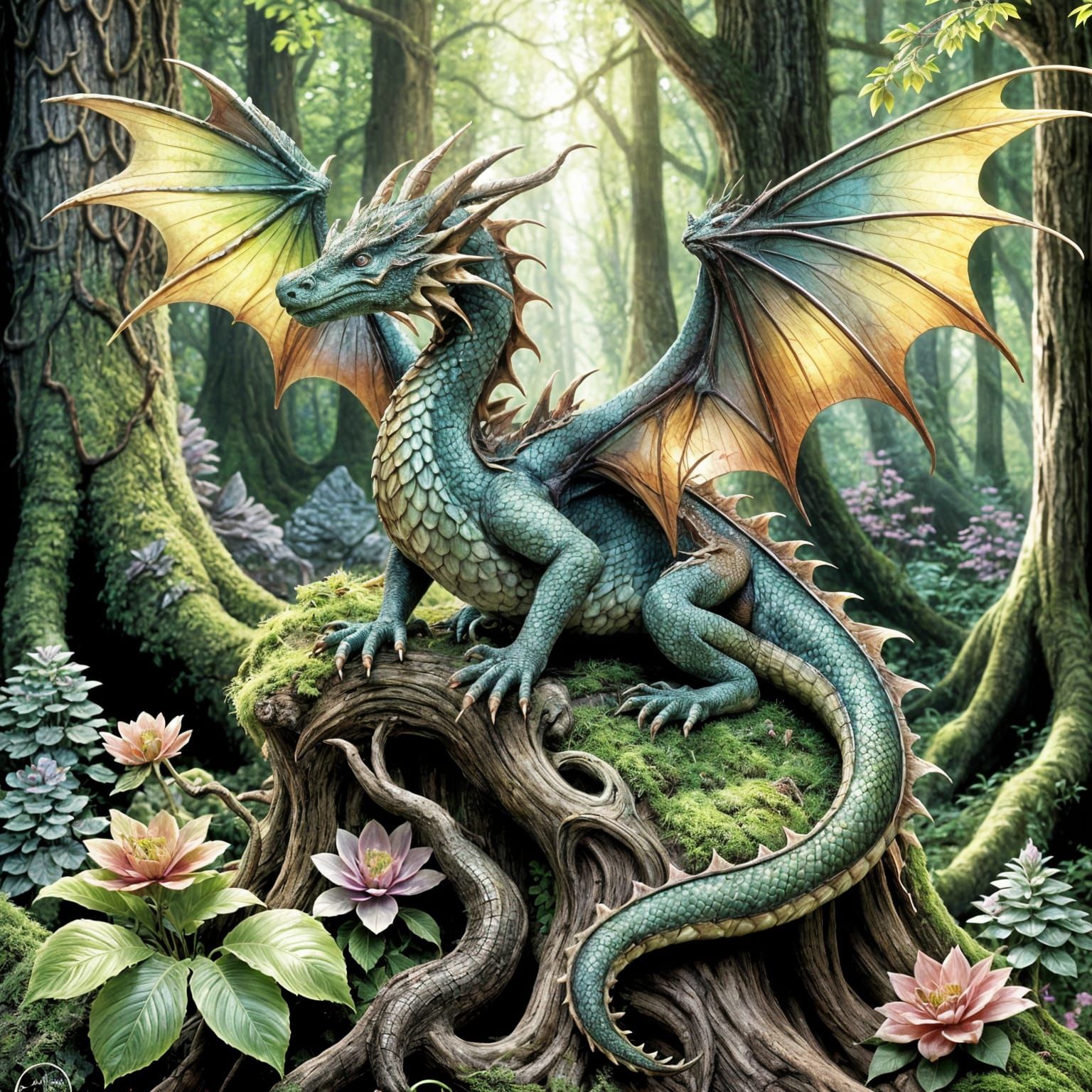 Magical Dragon in Lush Forest Canopy